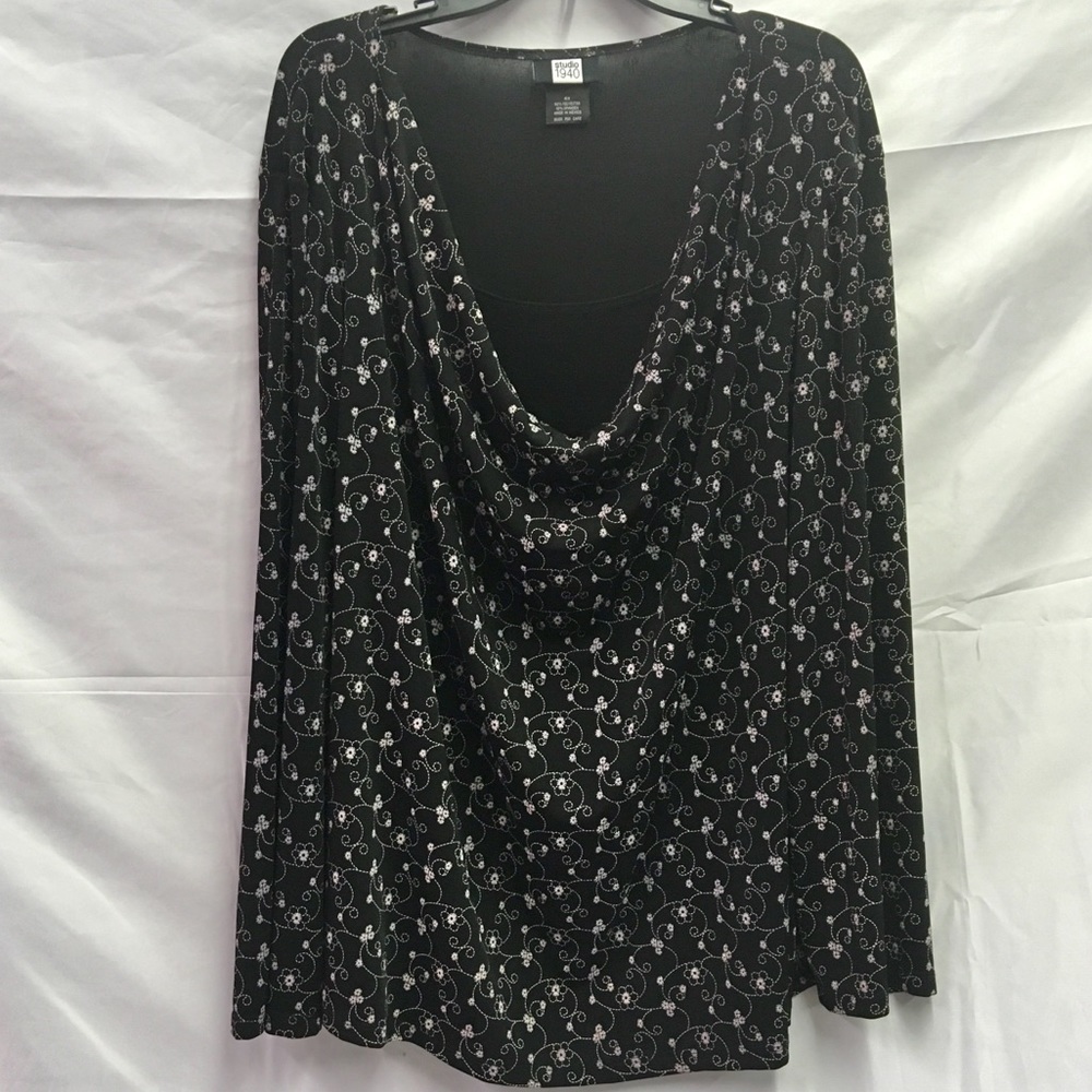 Black and white cowl neck top